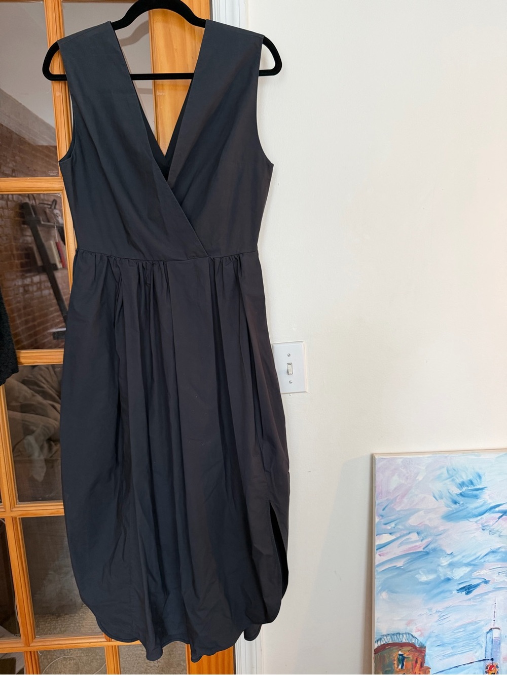 COS Black Sleeveless V-Neck Pleated Midi Dress with Gathered Skirt